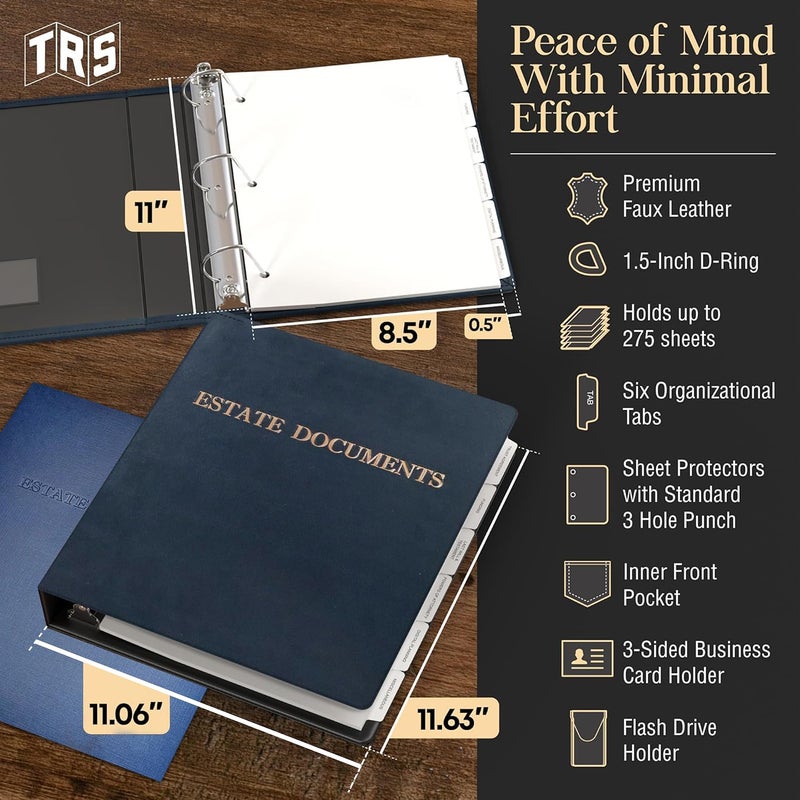 Three Ring Systems Estate Planning Binder with Pre-Labeled Tabs, 1.5-Inch Angle D Ring, Faux Leather, Sheet Protectorsâ€“ Organizing Wills, Trusts, Powers of Attorney & Final Wishes (Navy with Bronze) + Linen Folder - Image 2